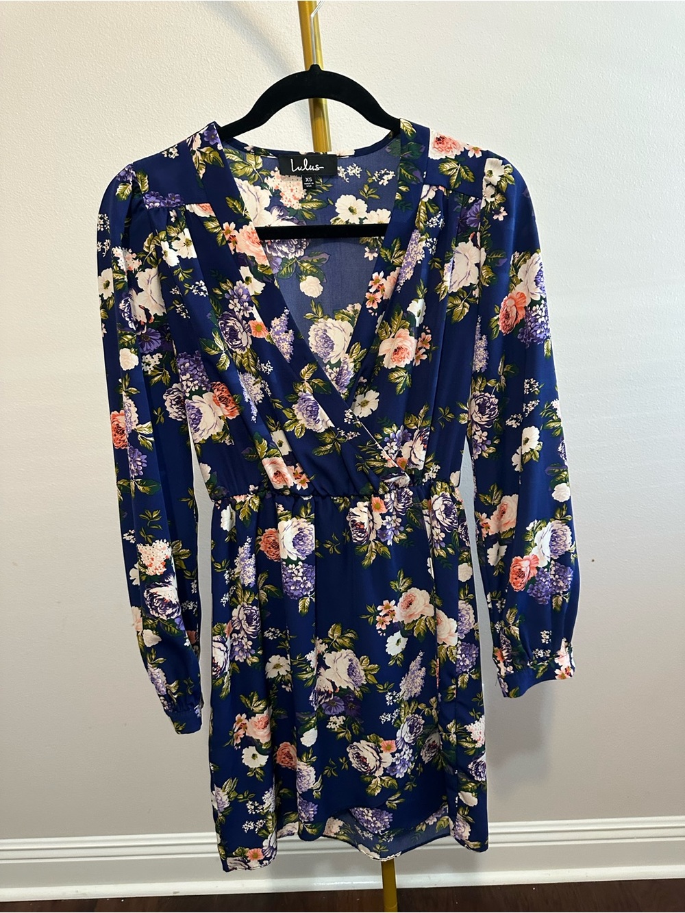 Lulu's Navy Floral Long-Sleeve Wrap Dress
